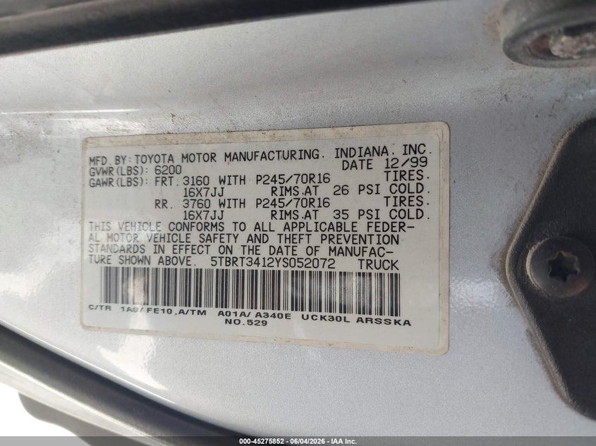 2000 Toyota Tundra Sr5 V8 VIN: 5TBRT3412YS052072 Lot: 45275852