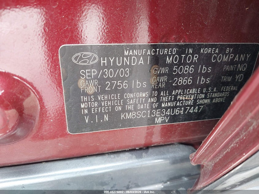2004 Hyundai Santa Fe Gls/Lx VIN: KM8SC13E34U617447 Lot: 45275882