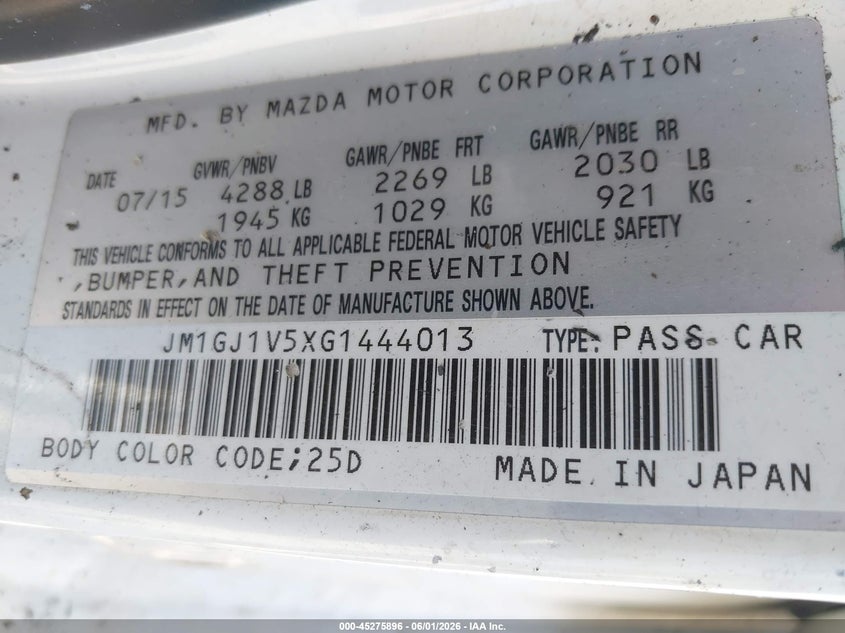 2016 Mazda Mazda6 I Touring VIN: JM1GJ1V5XG1444013 Lot: 45275896