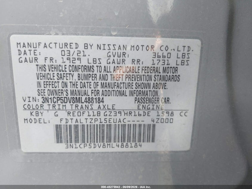 2021 NISSAN KICKS 1.6L I-4 DOHC, VVT, (VIN: 3N1CP5DV8ML488184