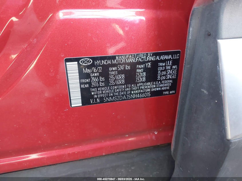 2022 Hyundai Santa Fe Sel VIN: 5NMS2DAJ5NH466015 Lot: 45275947