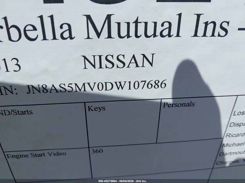 2013 Nissan Rogue Sv VIN: JN8AS5MV0DW107686 Lot: 45275964