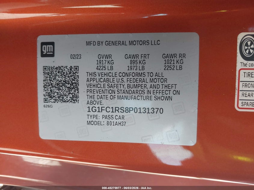 2023 Chevrolet Camaro Rwd 2Lt VIN: 1G1FC1RS8P0131370 Lot: 45275977