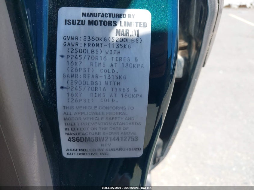 2001 Honda Passport Ex/Lx VIN: 4S6DM58W214412753 Lot: 45275979