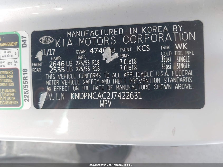 VIN KNDPNCAC2J7422631 2018 KIA SPORTAGE EX