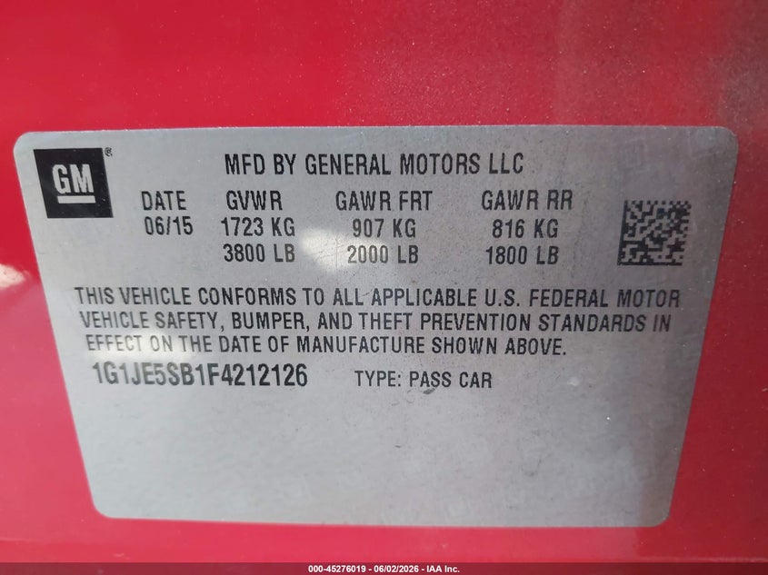 2015 Chevrolet Sonic Ltz Auto VIN: 1G1JE5SB1F4212126 Lot: 45276019