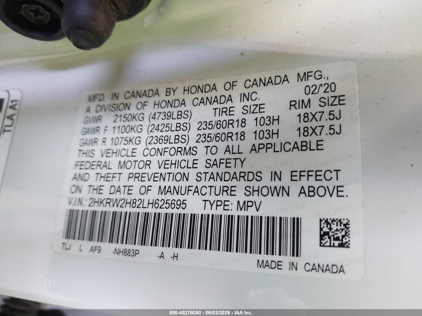 2020 Honda Cr-V Awd Ex-L VIN: 2HKRW2H82LH625695 Lot: 45276050