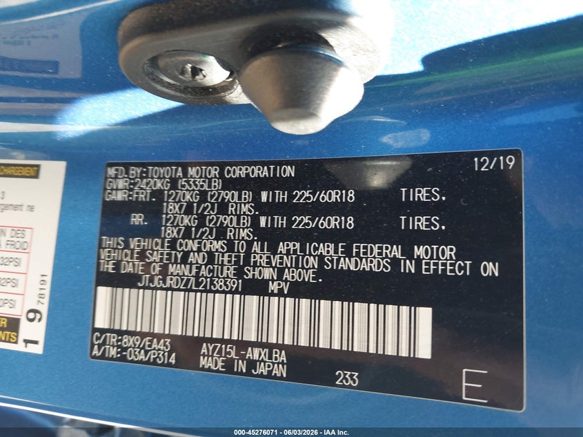 2020 Lexus Nx 300H VIN: JTJGJRDZ7L2138391 Lot: 45276071
