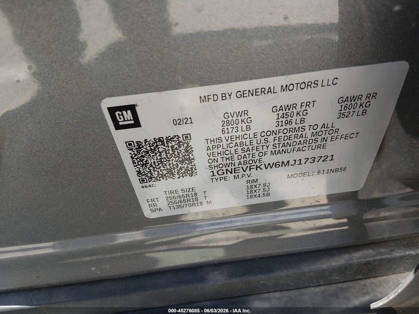 2021 Chevrolet Traverse Awd Ls VIN: 1GNEVFKW6MJ173721 Lot: 45276085