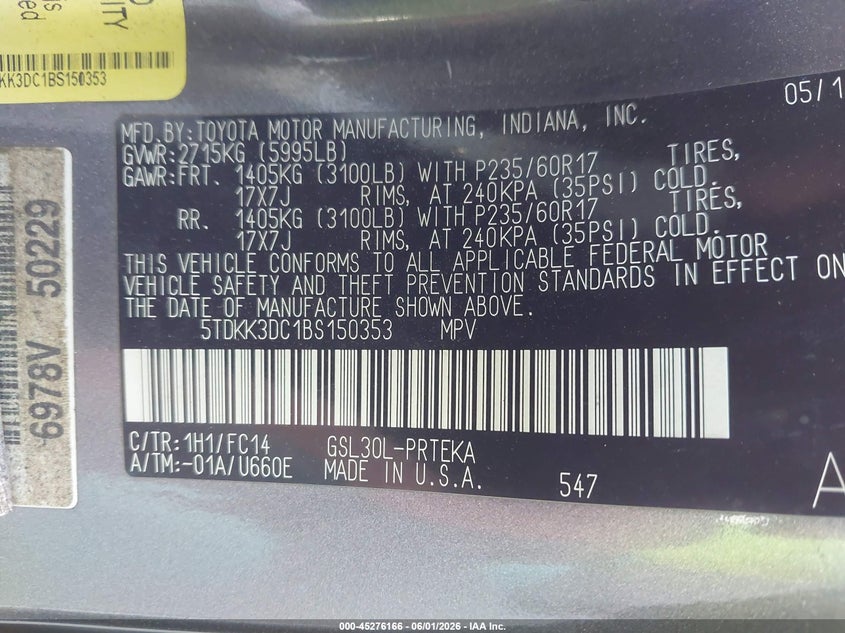 2011 TOYOTA SIENNA VAN 3.5L V-6 DOHC, VVT, 265HP