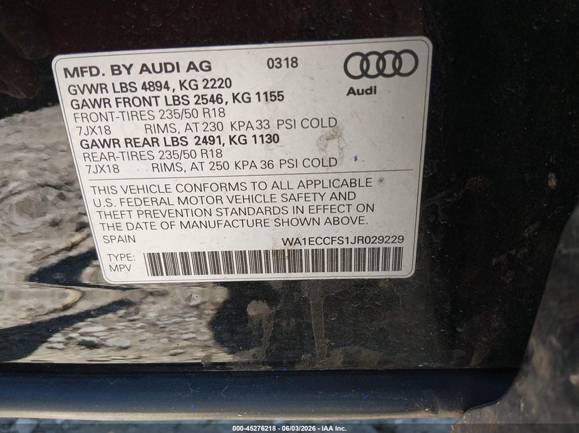 2018 Audi Q3 2.0T Premium/2.0T Sport Premium VIN: WA1ECCFS1JR029229 Lot: 45276218