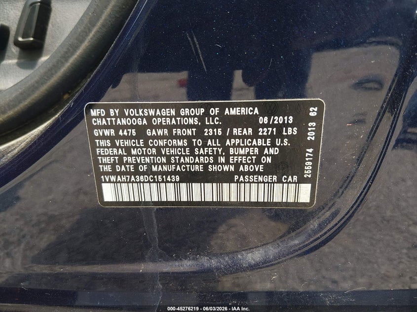 2013 Volkswagen Passat 2.5L S/2.5L Wolfsburg Edition VIN: 1VWAH7A36DC151439 Lot: 45276219