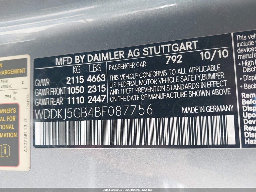 2011 Mercedes-Benz E 350 VIN: WDDKJ5GB4BF087756 Lot: 45276225