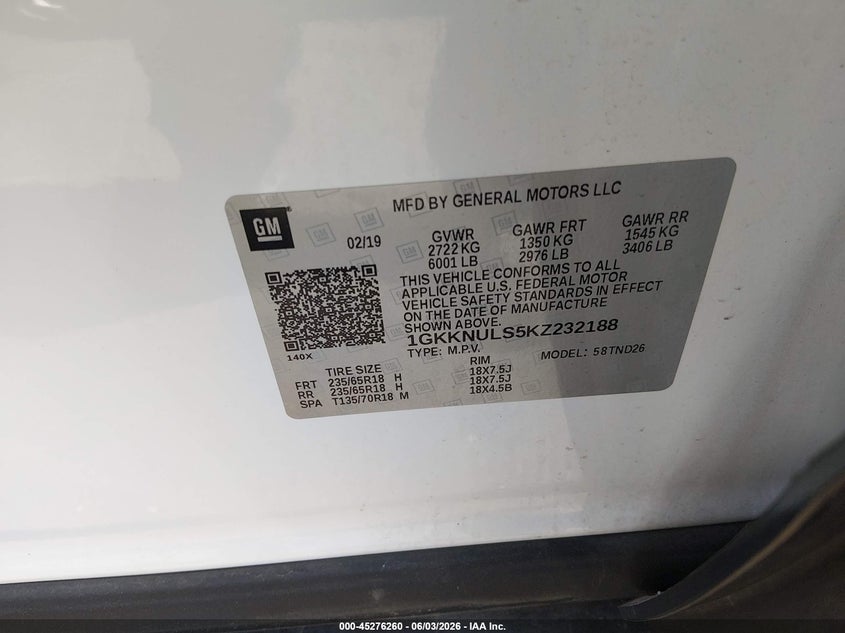 2019 GMC Acadia Slt-1 VIN: 1GKKNULS5KZ232188 Lot: 45276260