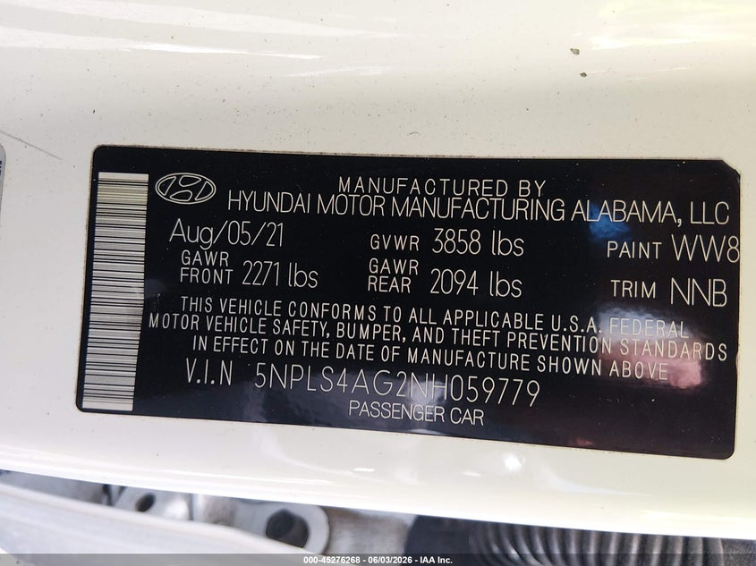 2022 Hyundai Elantra Sel VIN: 5NPLS4AG2NH059779 Lot: 45276268