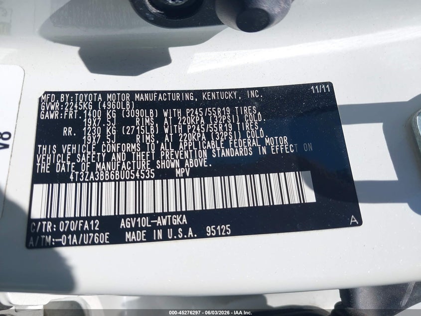 2011 Toyota Venza VIN: 4T3ZA3BB6BU054535 Lot: 45276297