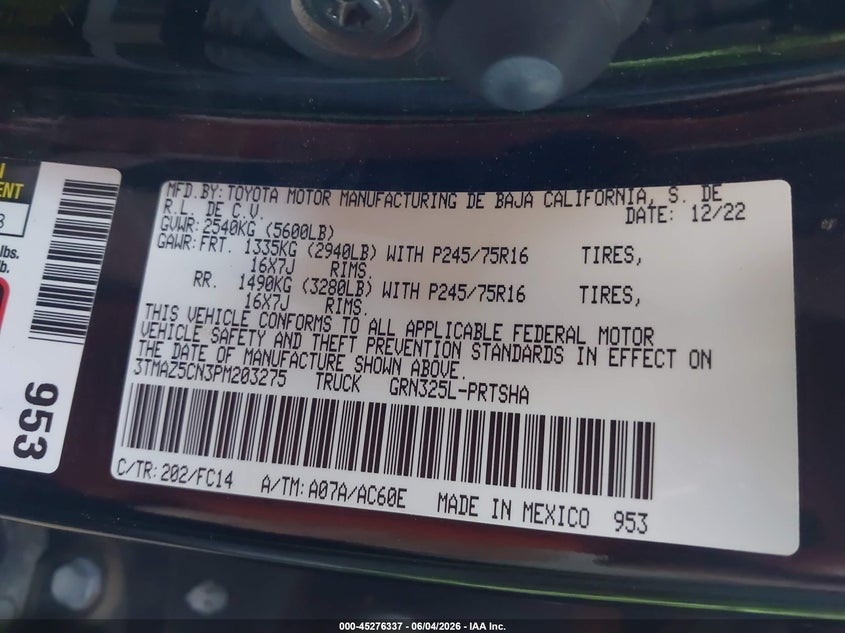 2023 Toyota Tacoma Sr5 V6 VIN: 3TMAZ5CN3PM203275 Lot: 45276337