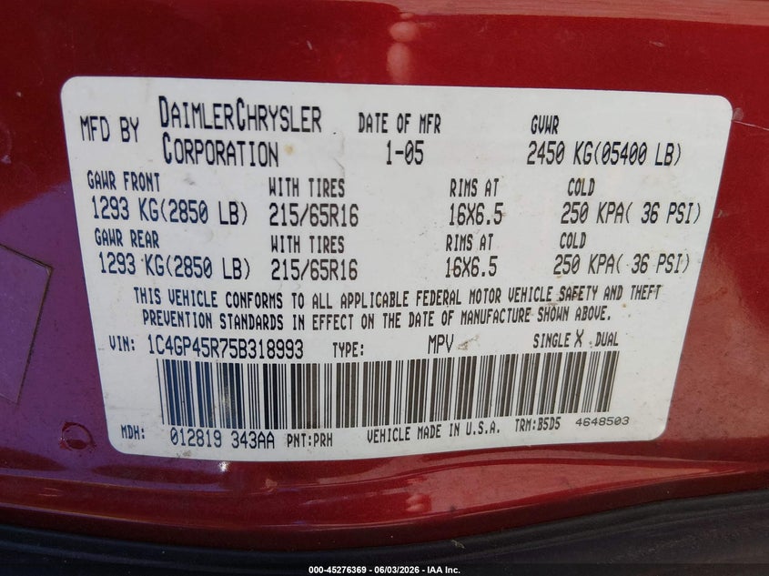 2005 Chrysler Town & Country VIN: 1C4GP45R75B318993 Lot: 45276369