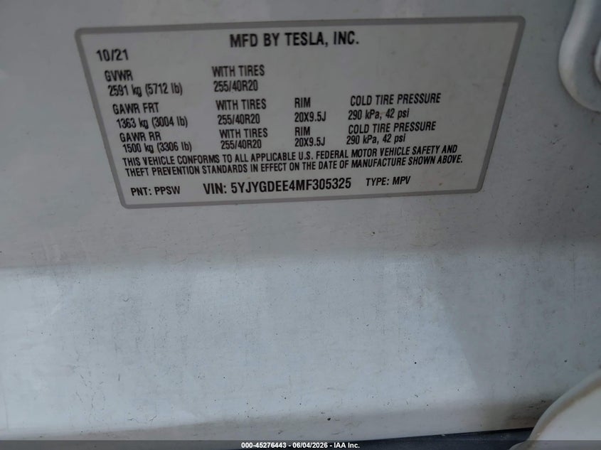 2021 Tesla Model Y Long Range Dual Motor All-Wheel Drive VIN: 5YJYGDEE4MF305325 Lot: 45276443