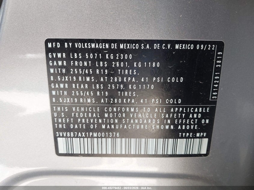 2023 Volkswagen Tiguan 2.0T Se R-Line Black VIN: 3VV8B7AX1PM001376 Lot: 45276452