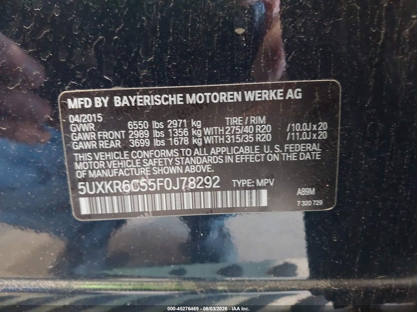 2015 BMW X5 xDrive50I VIN: 5UXKR6C55F0J78292 Lot: 45276469