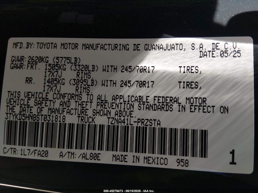 VIN 3TYKD5HN8ST031818 2025 TOYOTA TACOMA SR