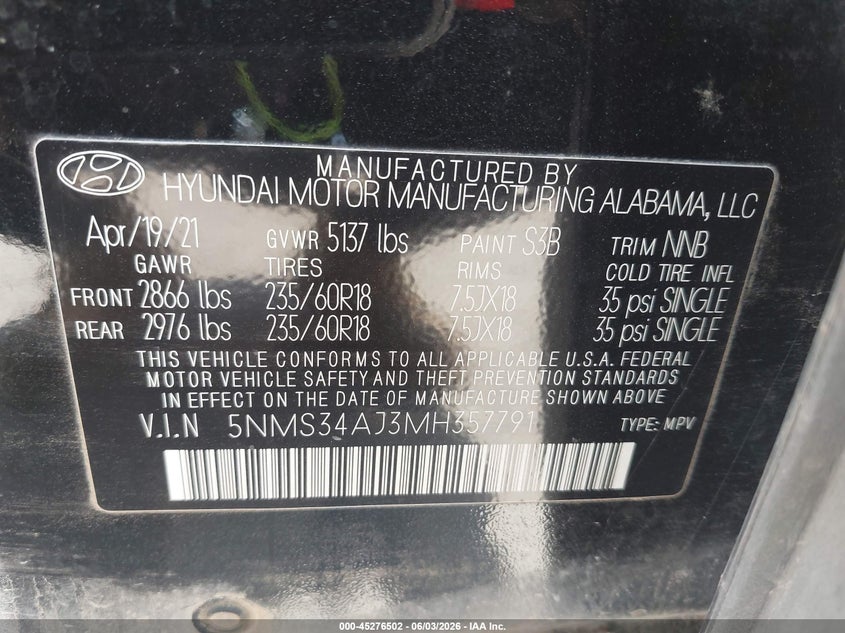 2021 Hyundai Santa Fe Sel VIN: 5NMS34AJ3MH357791 Lot: 45276502