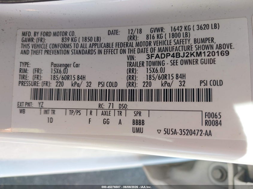 2019 FORD FIESTA SEDAN 1.6L I-4 DOHC, VVT, 120HP