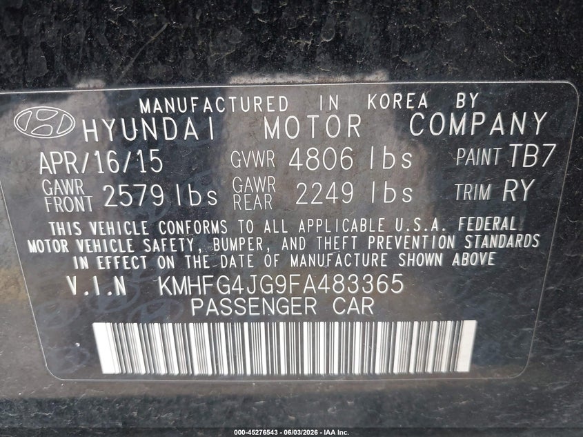 2015 Hyundai Azera VIN: KMHFG4JG9FA483365 Lot: 45276543