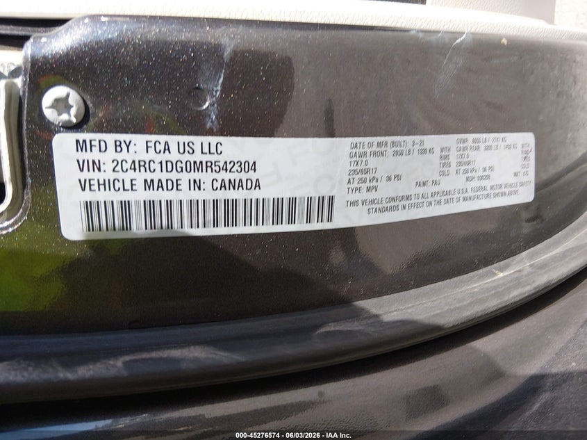 2021 Chrysler Voyager Lxi VIN: 2C4RC1DG0MR542304 Lot: 45276574