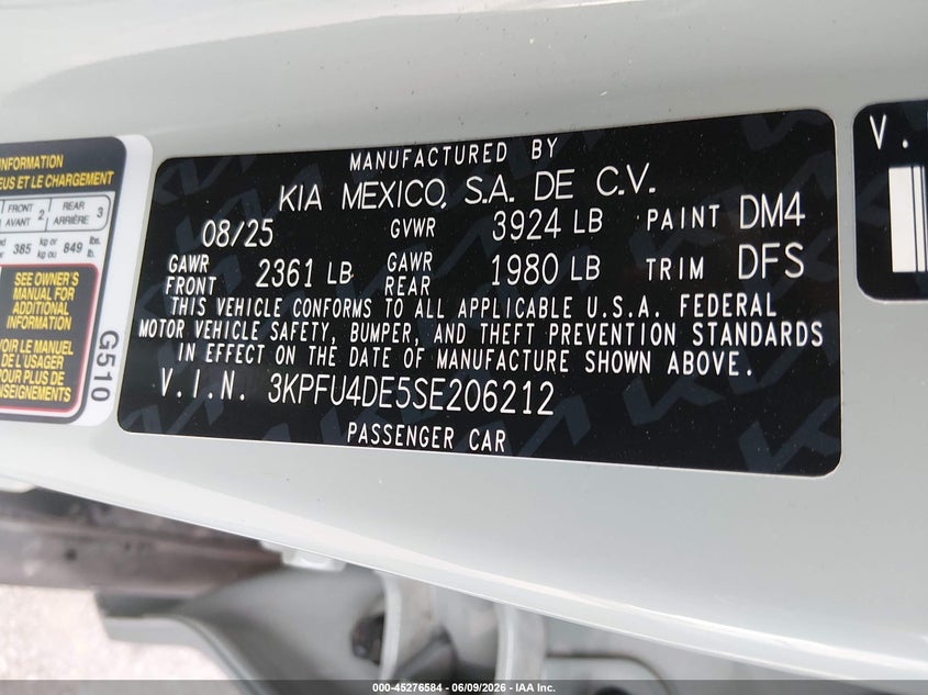 KIA K4 2025 VIN 3KPFU4DE5SE206212