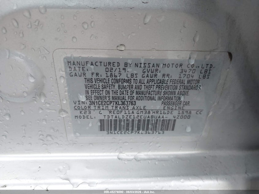 2019 Nissan Versa Note Sv VIN: 3N1CE2CP7KL363763 Lot: 45276590