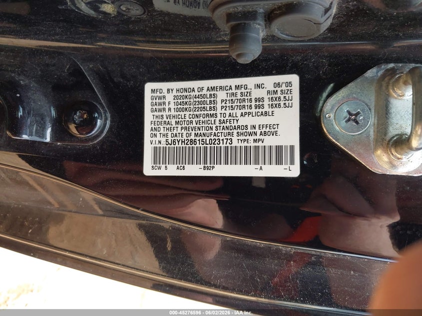 2005 HONDA ELEMENT SPORT UTILITY VEHICLE 2.4L I-4 DOHC, VVT, 160HP