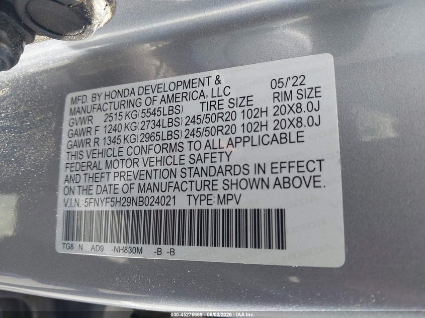 2022 Honda Pilot 2Wd Special Edition VIN: 5FNYF5H29NB024021 Lot: 45276669