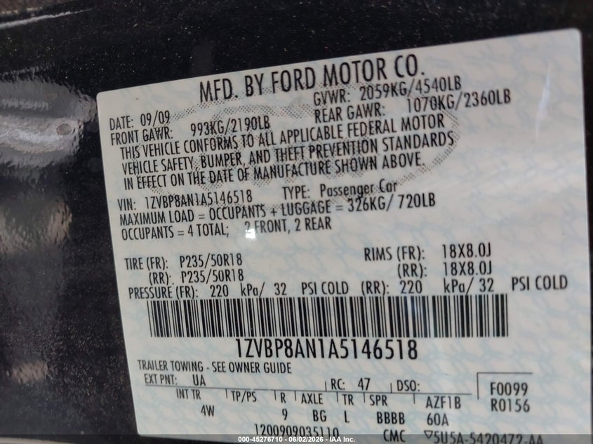 2010 Ford Mustang V6/V6 Premium VIN: 1ZVBP8AN1A5146518 Lot: 45276710