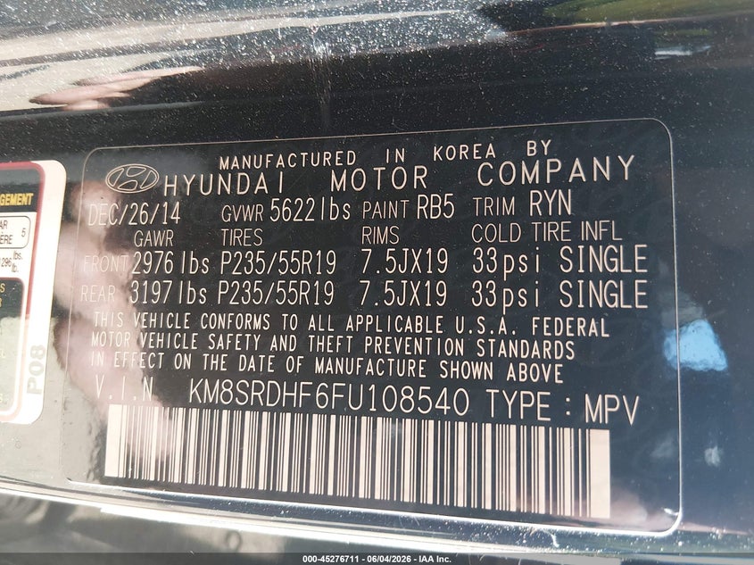 2015 Hyundai Santa Fe Gls VIN: KM8SRDHF6FU108540 Lot: 45276711