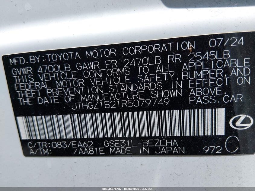 2024 Lexus Is 350 F Sport VIN: JTHGZ1B21R5079749 Lot: 45276737
