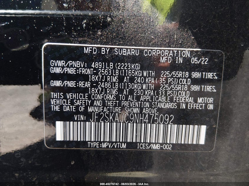 2022 Subaru Forester Sport VIN: JF2SKAJC9NH475092 Lot: 45276742