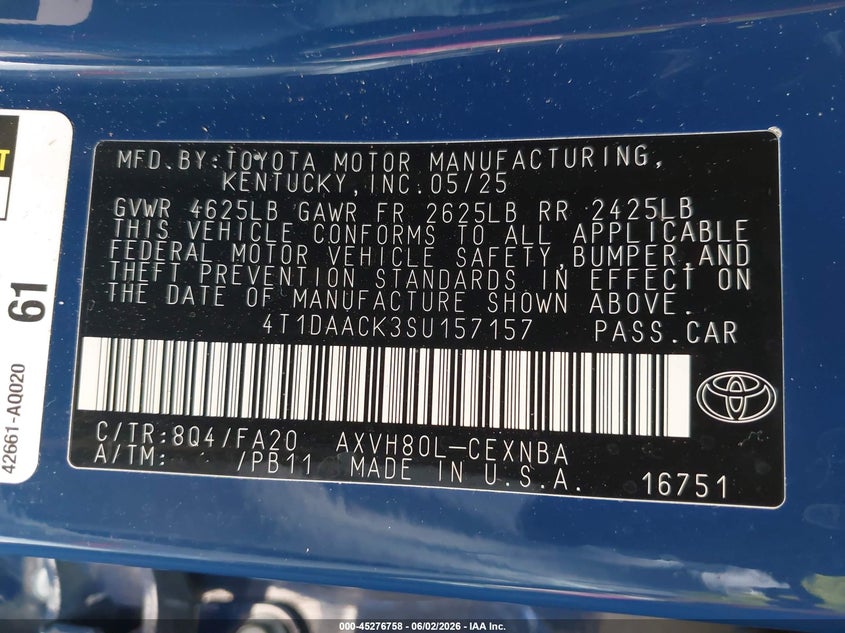 VIN 4T1DAACK3SU157157 2025 TOYOTA CAMRY LE