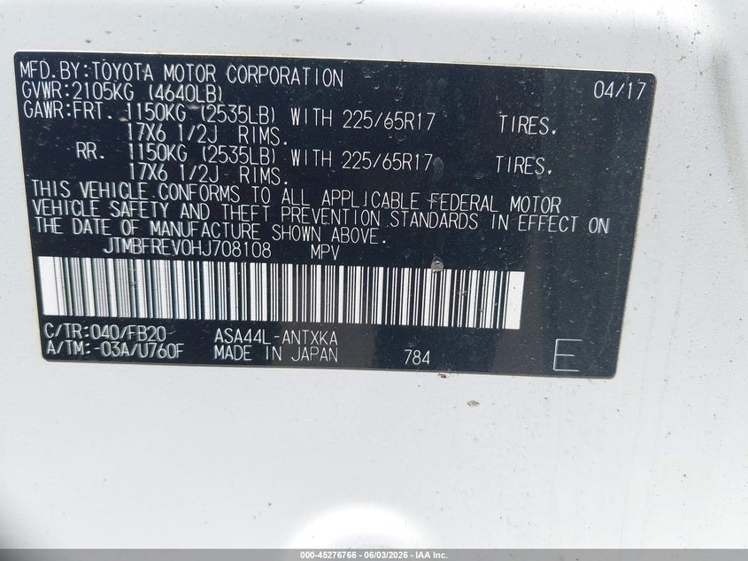 2017 Toyota Rav4 Le VIN: JTMBFREV0HJ708108 Lot: 45276766