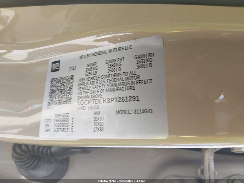 2023 CHEVROLET COLORADO 2.7L I-4 DI, DOHC, V(VIN: 1GCPTDEK8P1261291