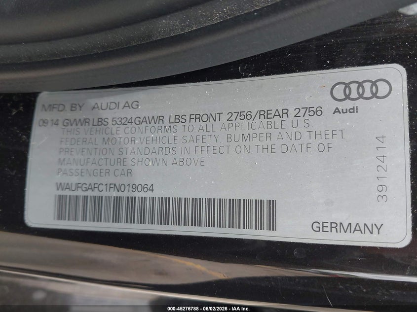 2015 Audi A6 3.0T Premium Plus VIN: WAUFGAFC1FN019064 Lot: 45276788