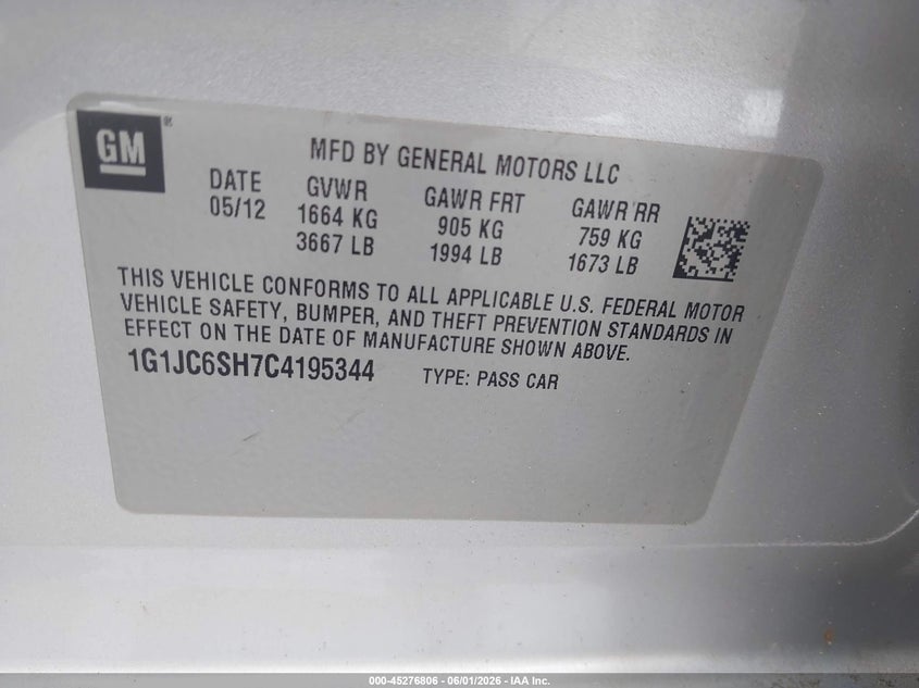 2012 Chevrolet Sonic 2Lt VIN: 1G1JC6SH7C4195344 Lot: 45276806