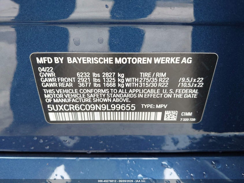 2022 BMW X5 3.0L I-6 DI, DOHC, V(VIN: 5UXCR6C09N9L99655