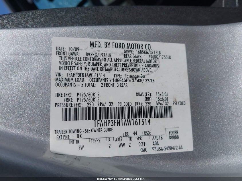 2010 Ford Focus Se VIN: 1FAHP3FN1AW161514 Lot: 45276814