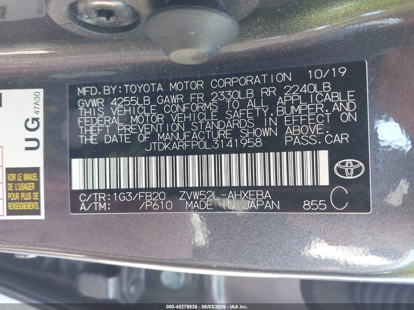 2020 Toyota Prius Prime Le VIN: JTDKARFP0L3141958 Lot: 45276836