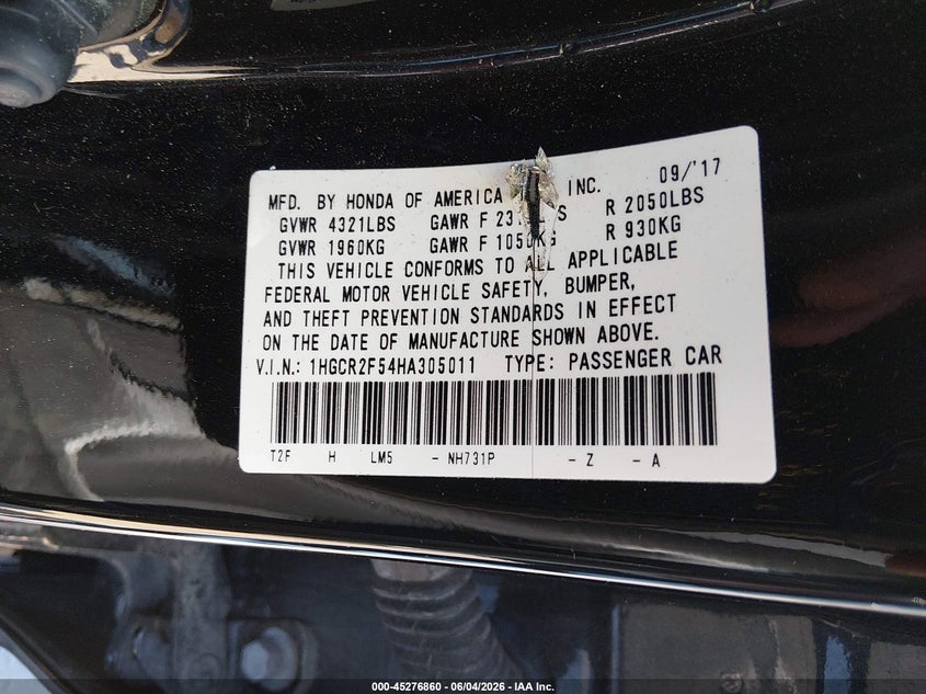 2017 Honda Accord Sport VIN: 1HGCR2F54HA305011 Lot: 45276860