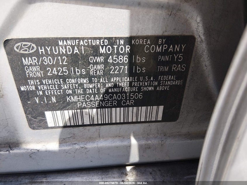 2012 Hyundai Sonata 2.4 Hybrid silver Lot 111045276879 Vin KMHEC4A49CA031506