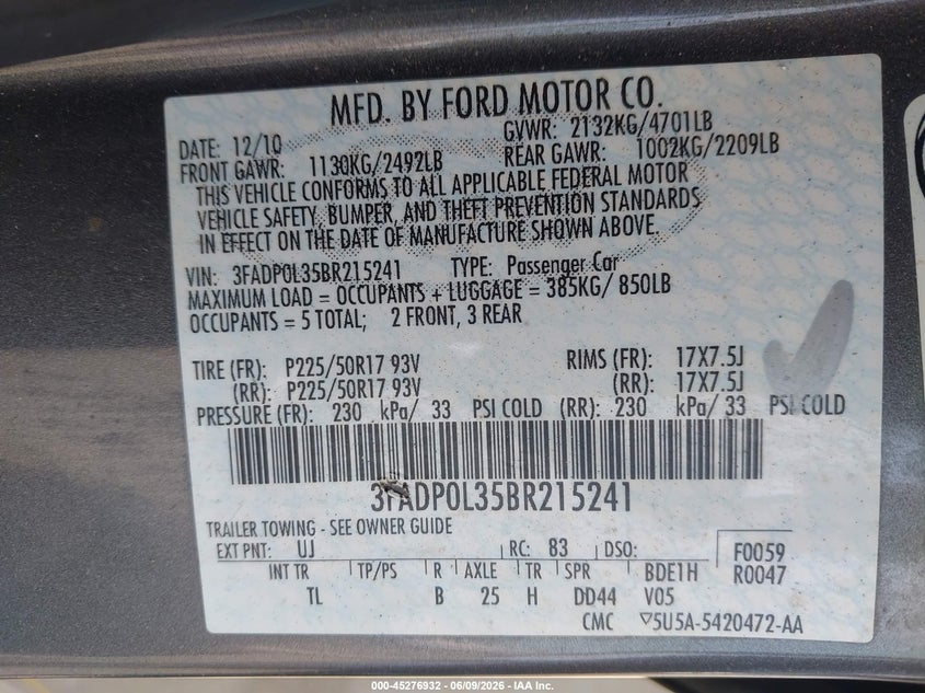 2011 Ford Fusion Hybrid VIN: 3FADP0L35BR215241 Lot: 45276932