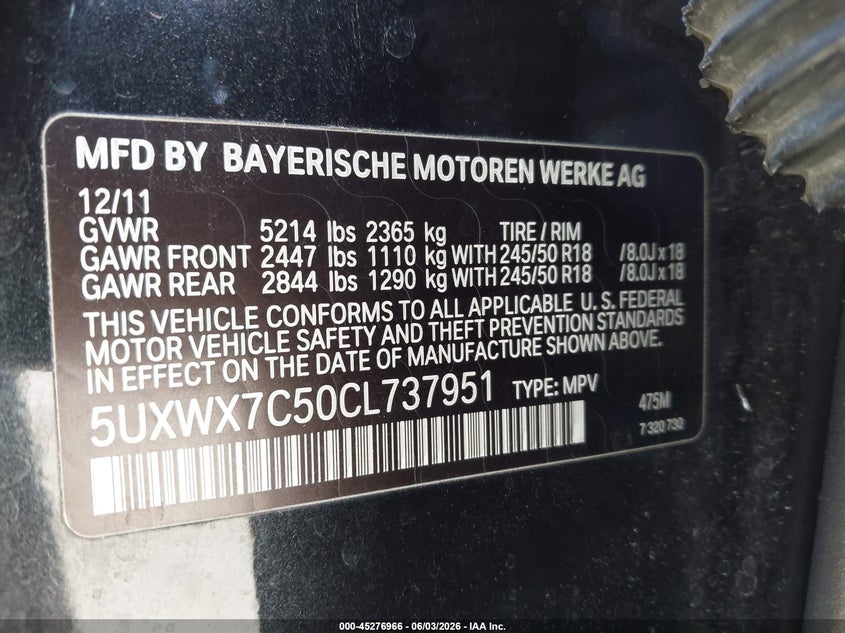 2012 BMW X3 xDrive35I VIN: 5UXWX7C50CL737951 Lot: 45276966